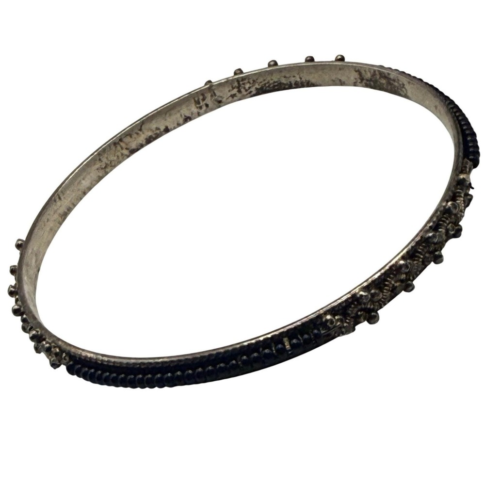 Vintage Filigree Bangle Bracelet Black Seed Beads Silver Tone Boho Women
